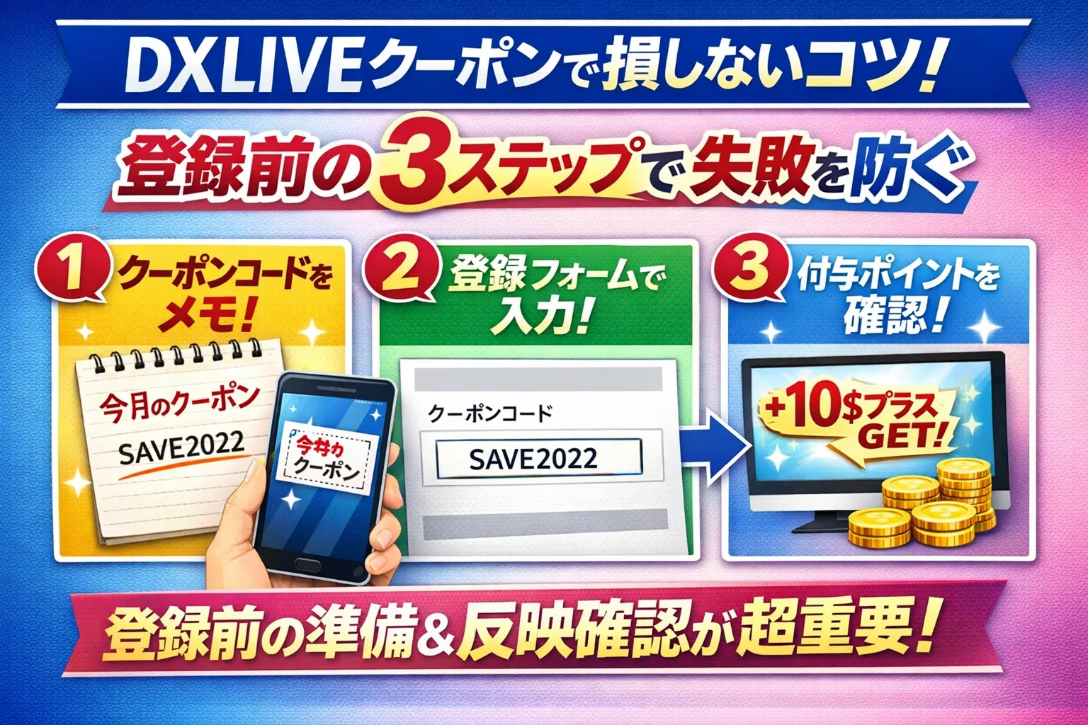 DXLIVEクーポンで損しないコツを3ステップ（登録前にコードを控える→登録フォームで入力→付与ポイントを確認）で解説するサムネイル