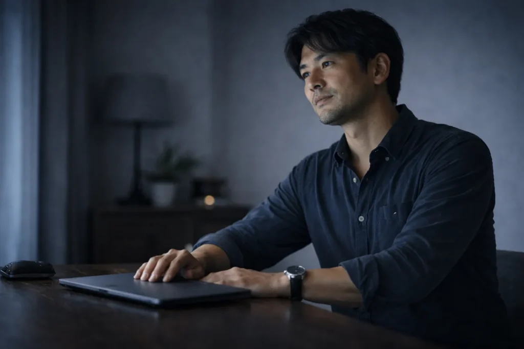 夜の静かな部屋で、考えを終えて落ち着いた表情を見せる日本人男性。ノートPCを閉じ、冷静な判断と安心感が伝わる穏やかな雰囲気の写真風イメージ。