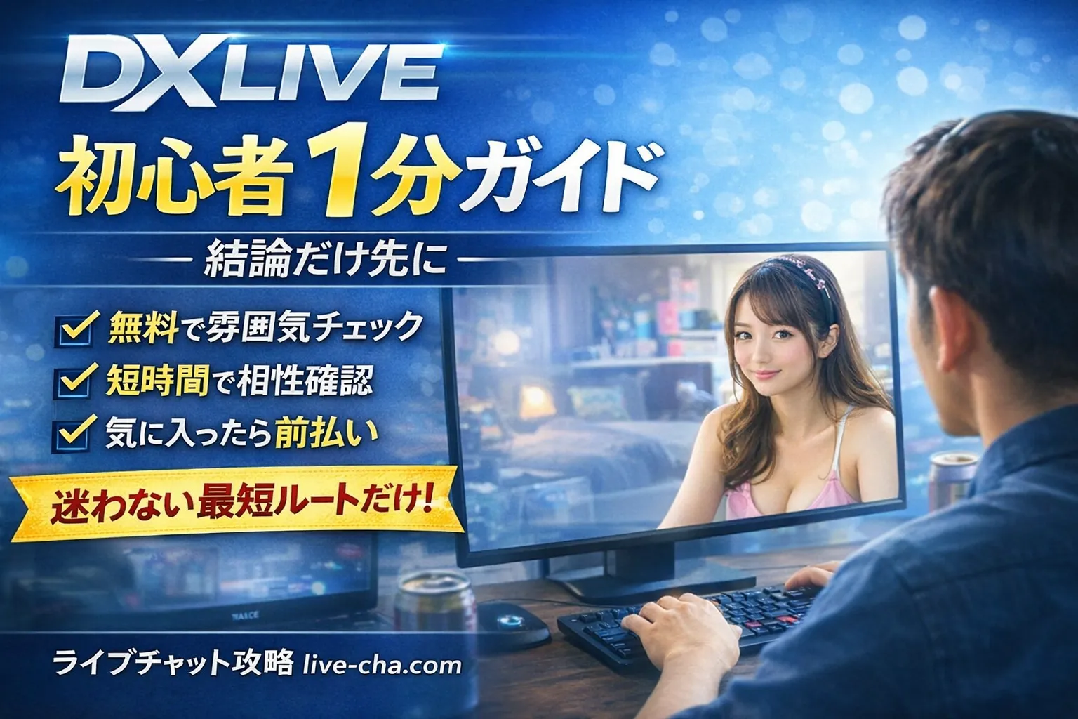 DXLIVE初心者1分ガイドのOGP画像（男性ユーザーが画面でチャットを確認しているイメージ）